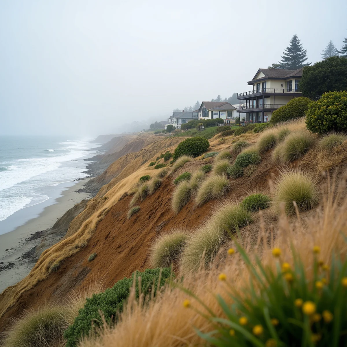 Terraced coastal bluff in Pismo Beach planted with deep-rooted native grasses and shrubs