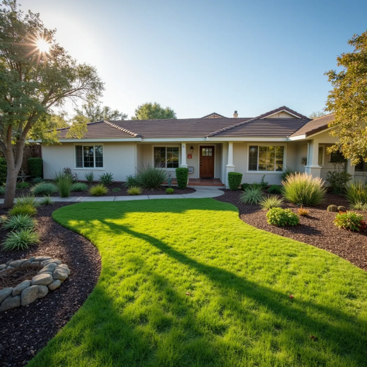 A Nipomo front yard mid-conversion from thirsty lawn to drought-tolerant landscaping eligible for a cash-for-grass rebate