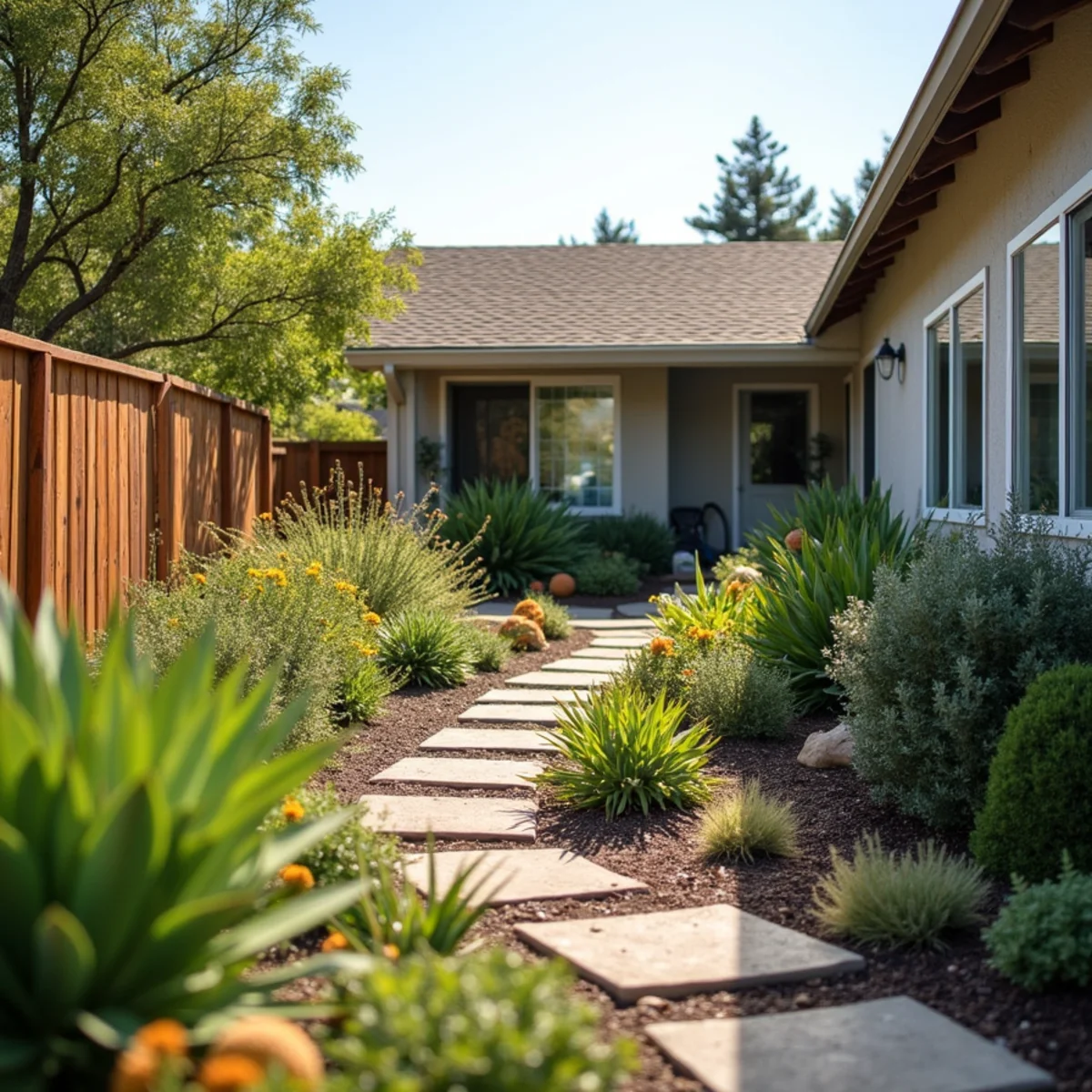 Tidy drought-tolerant Central Coast yard with drip-irrigated beds through the seasons