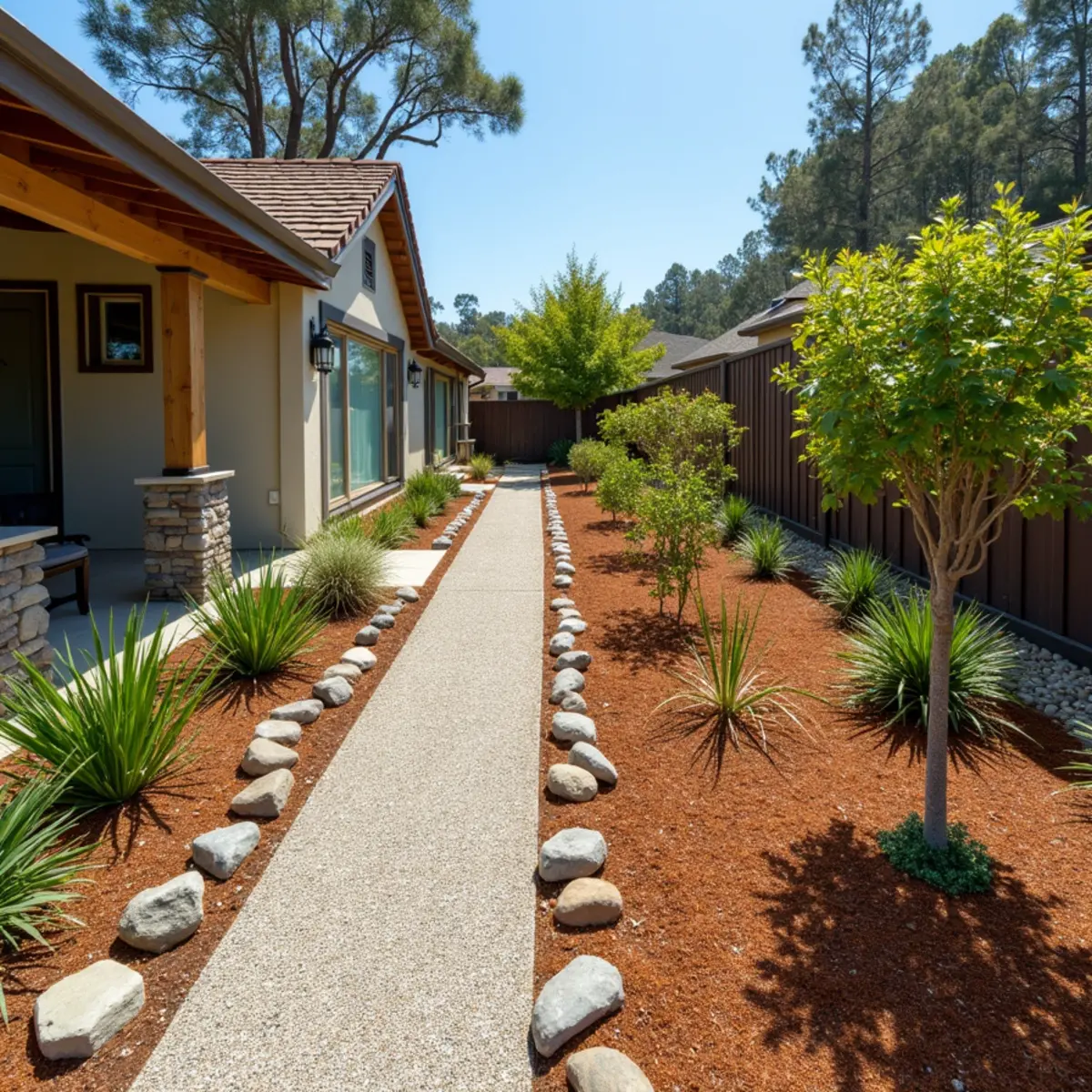 A split view of a decomposed granite pathway and a mulched planting bed at a Lake Nacimiento property