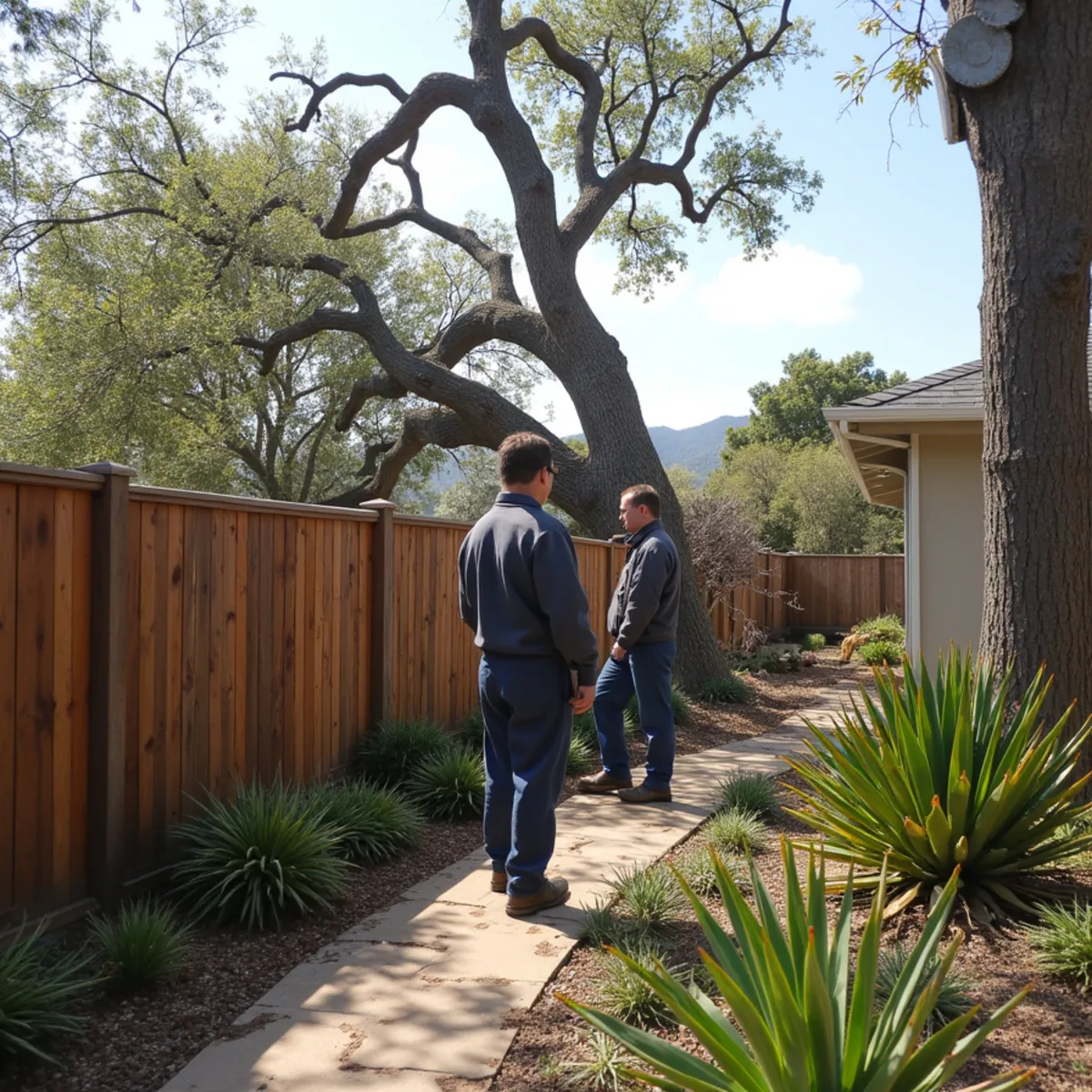 A storm-damaged fence and toppled tree in a Morro Bay yard being assessed for an insurance claim