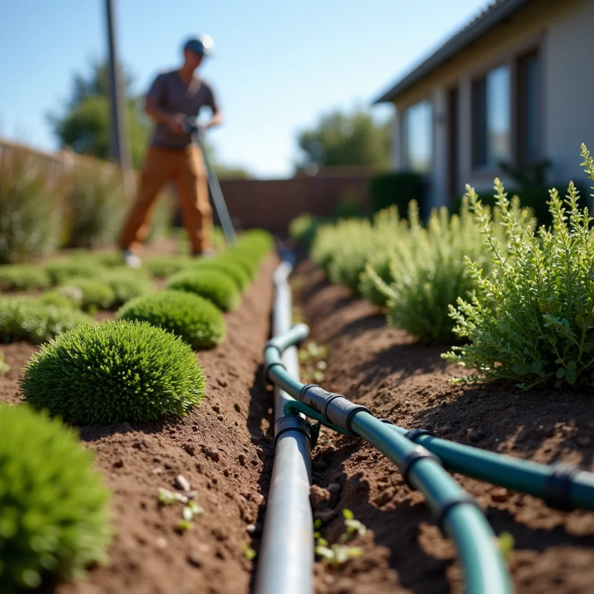 Inline drip tubing laid along a bed of drought-tolerant shrubs in a San Luis Obispo yard