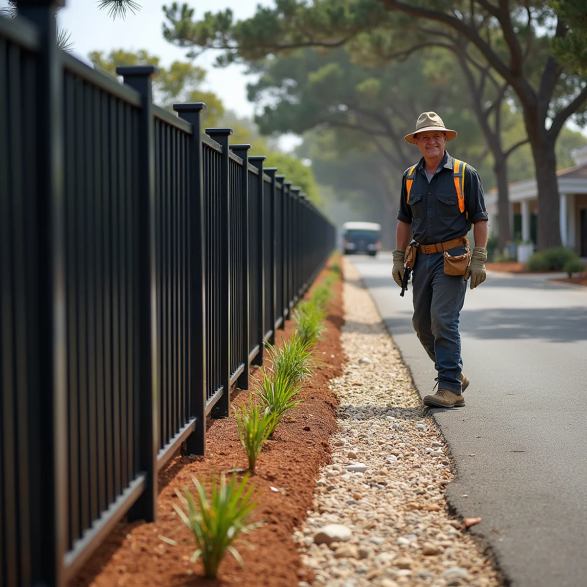 Metal fence panel with a non-combustible gravel strip along a Cambria property line near pines