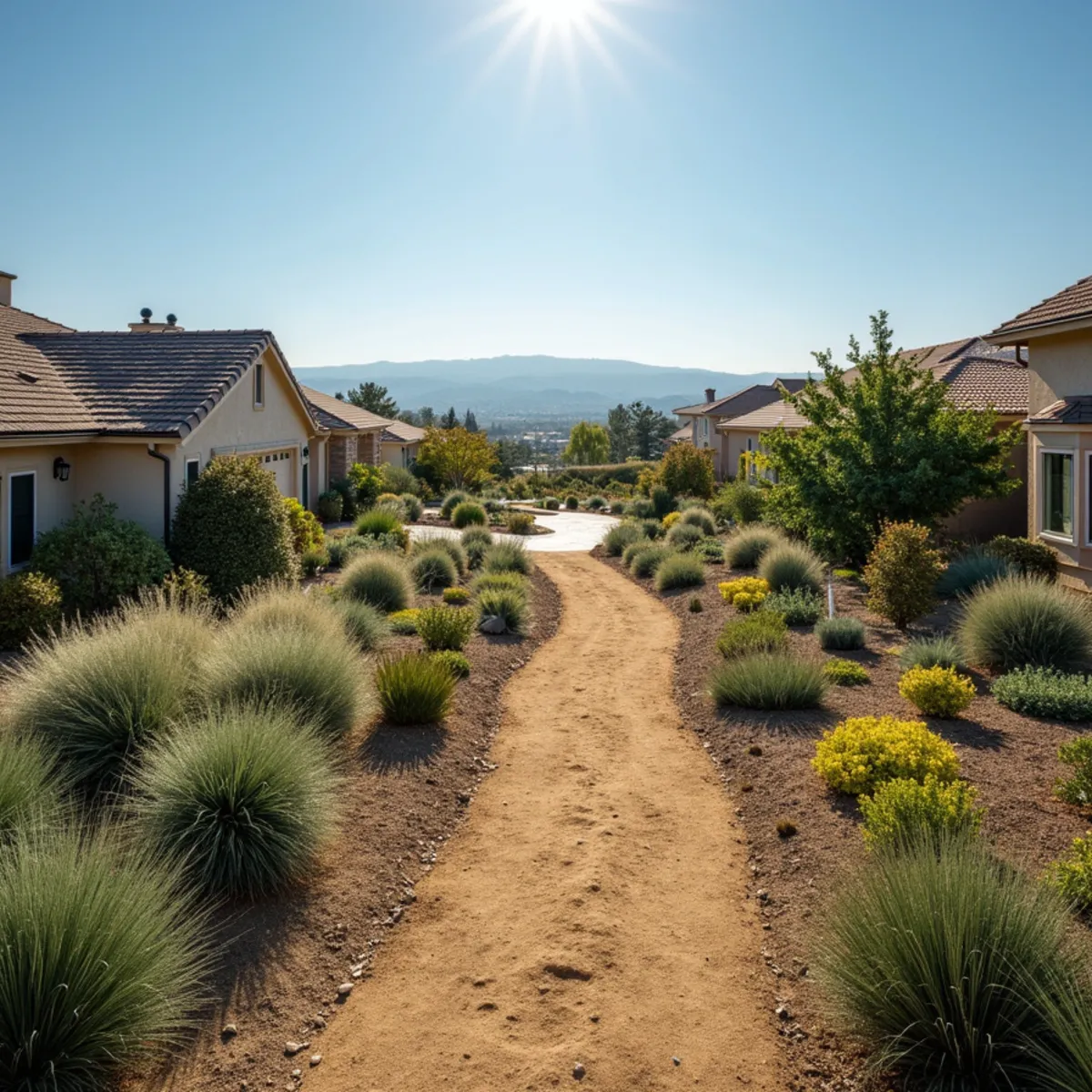 Split landscape showing coastal fog-belt planting and hot inland Paso Robles drought-tolerant planting