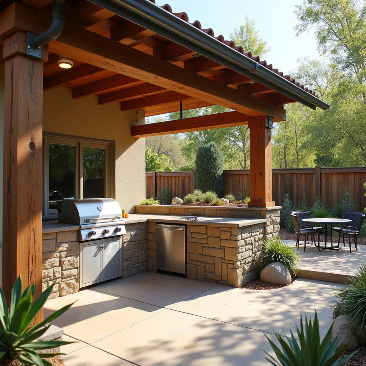 A built-in outdoor kitchen with grill and stone counter in a Carmel Valley backyard living space