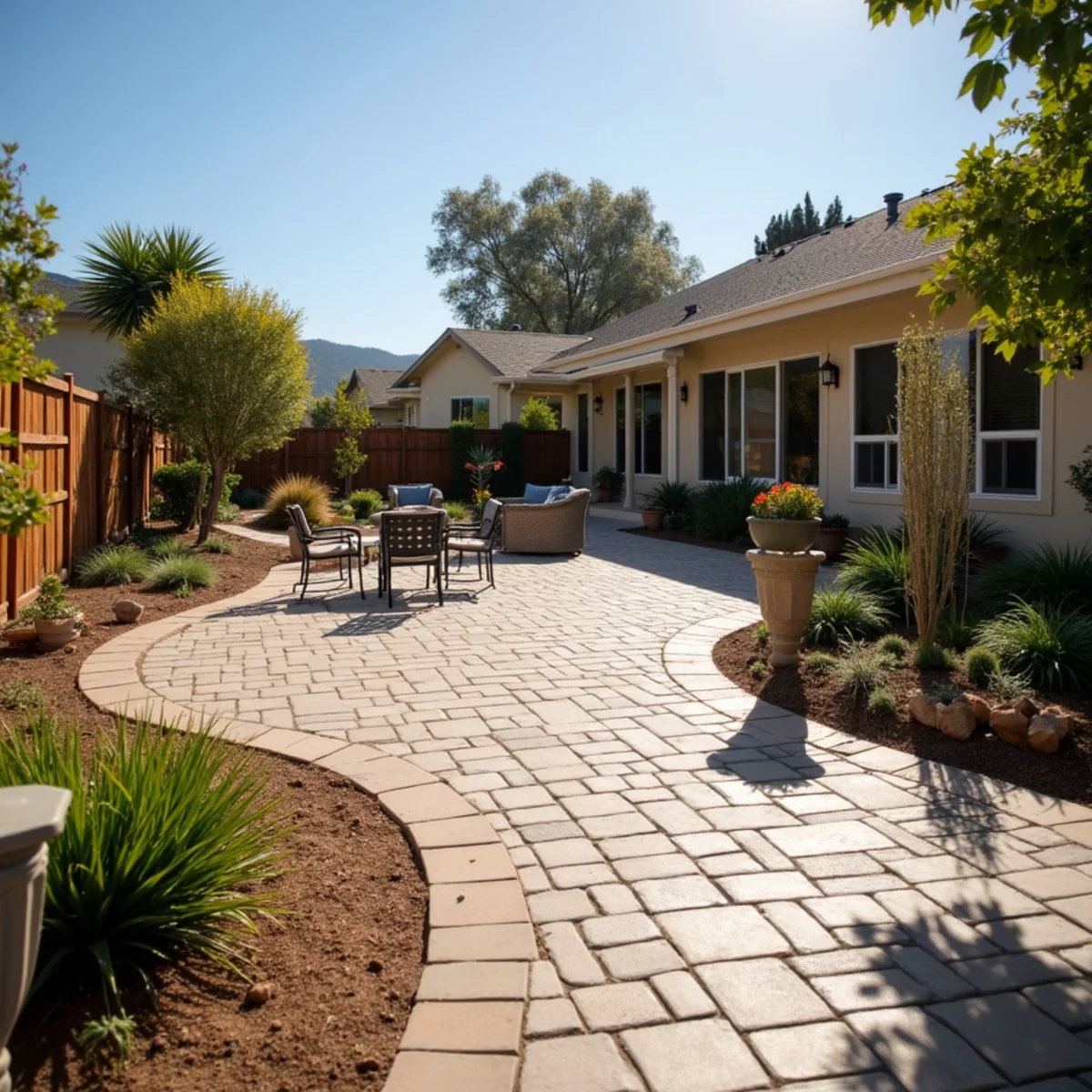 A newly installed paver patio in an Arroyo Grande backyard with drought-tolerant border planting