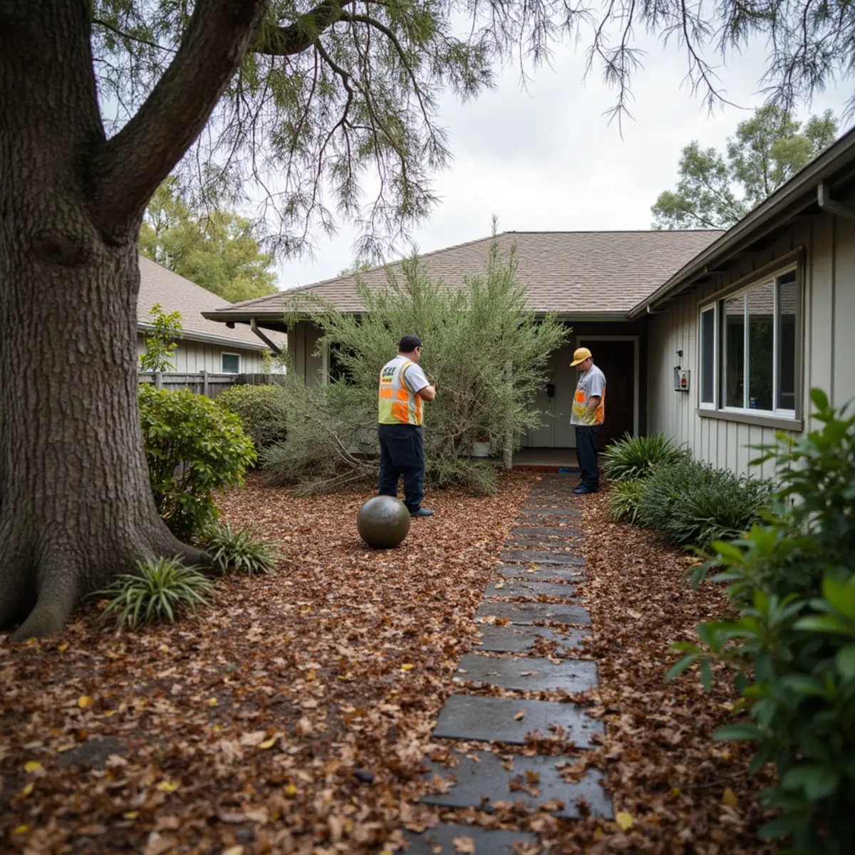 Fallen eucalyptus branches and storm debris scattered across a Los Osos backyard after a winter storm