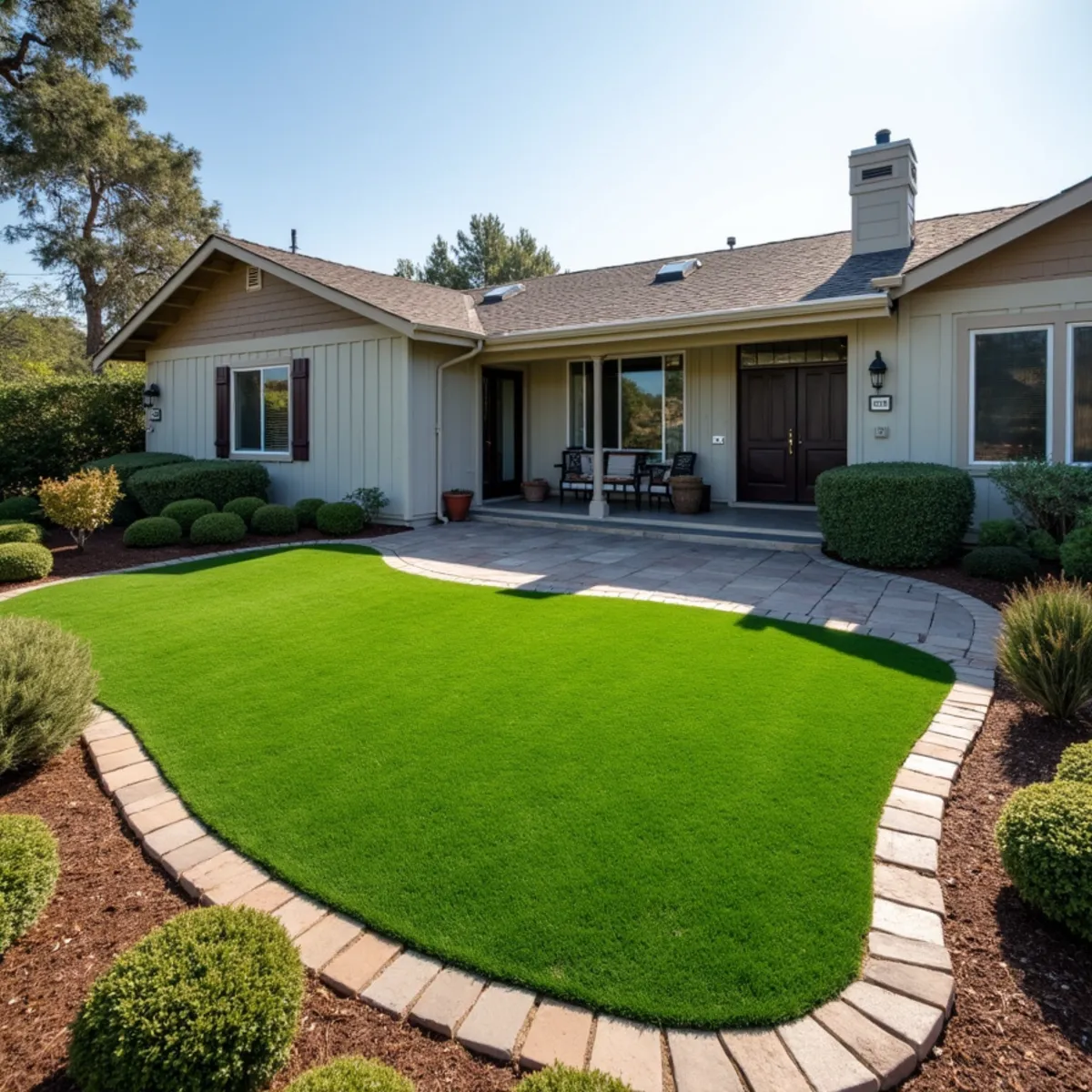 Synthetic turf yard at a coastal Cayucos vacation rental with a paver border and low shrubs