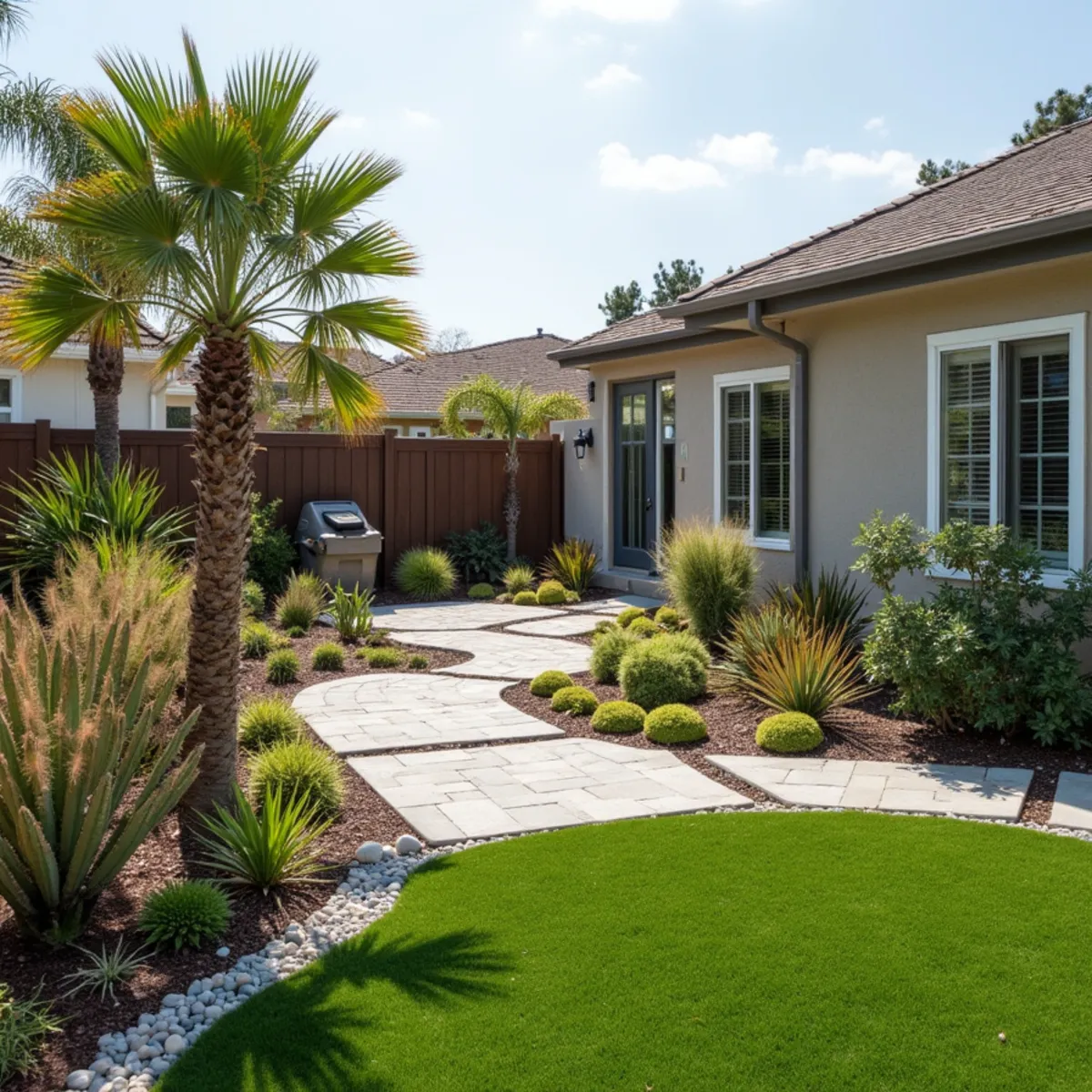 Low-maintenance Pismo Beach rental yard with turf, pavers, and drip-irrigated drought-tolerant plants