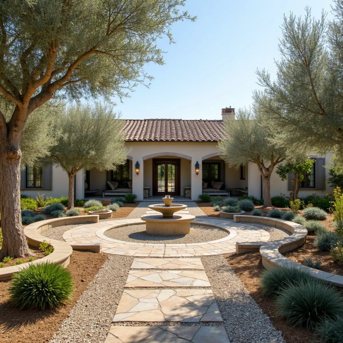 Estate landscape in Edna Valley with olive trees, gravel courtyard, and an outdoor living area near vineyards