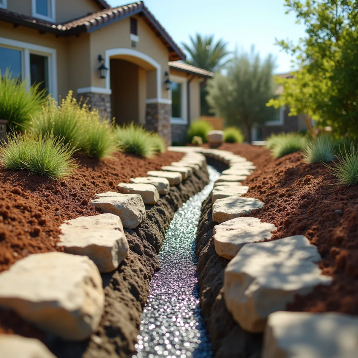 French drain and dry creek bed installed to move stormwater away from a Los Osos, CA home