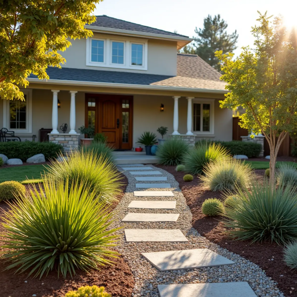 Xeriscape front yard with native grasses, succulents and decomposed-granite paths installed in Los Osos, CA