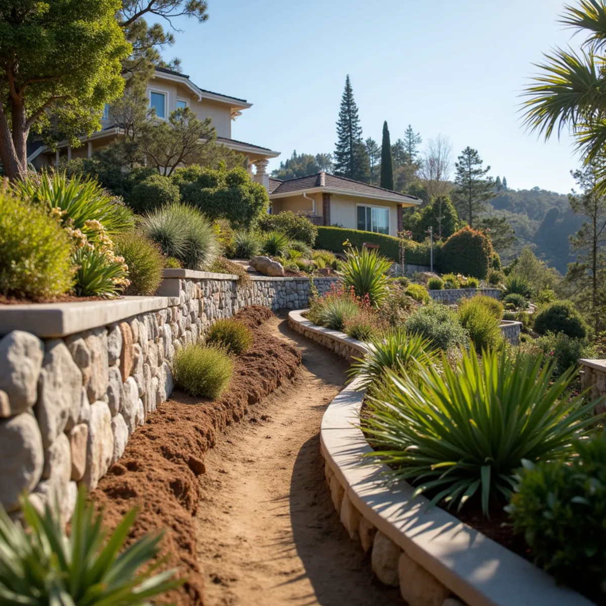 Terraced hillside with deep-root native planting and a retaining wall for erosion control near Los Osos, CA