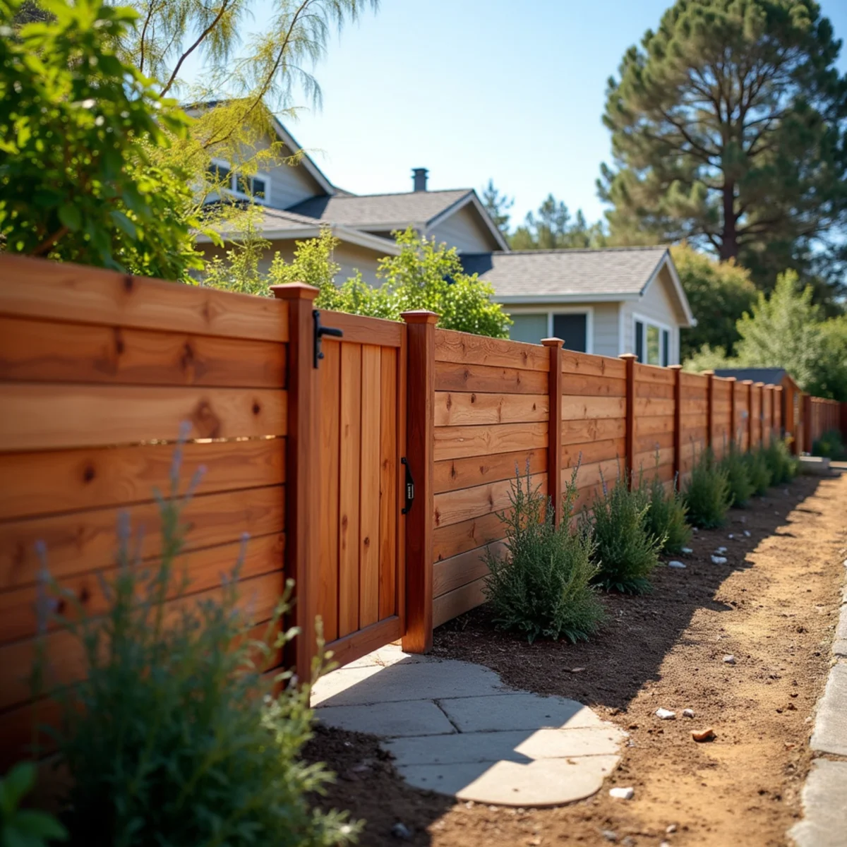 New horizontal redwood privacy fence and custom gate installed at a Los Osos, CA property