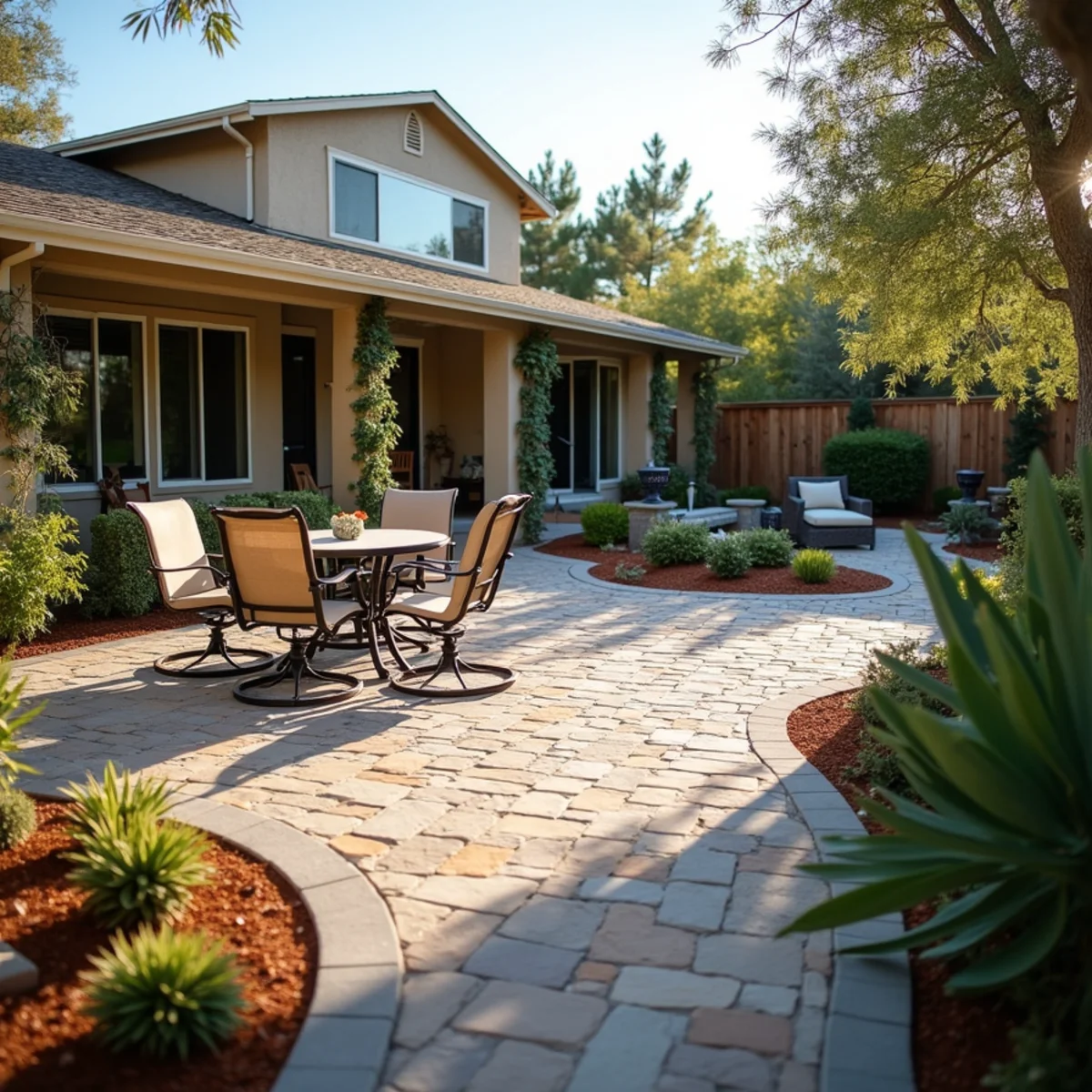 Paver patio with flagstone accents and a low retaining wall built in a Los Osos, CA backyard