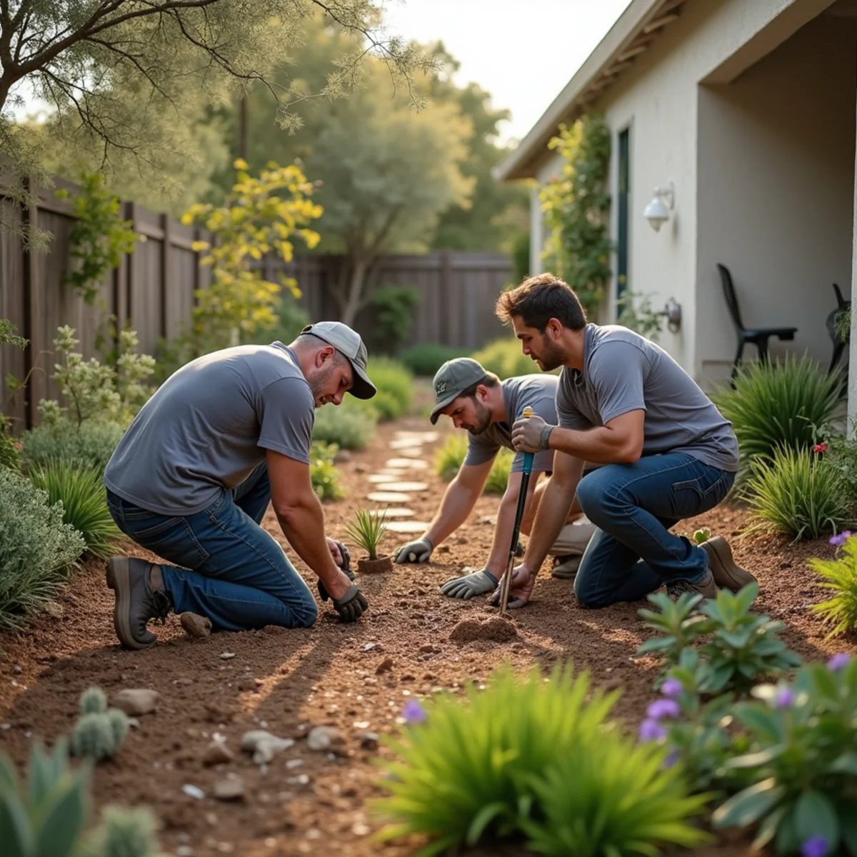 Kestrel Landscapes crew installing a drought-tolerant garden in Los Osos, CA