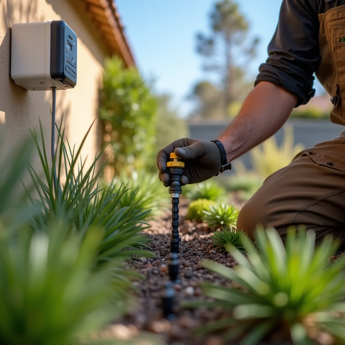 Drip irrigation line and smart controller installed in a water-wise Los Osos, CA garden bed