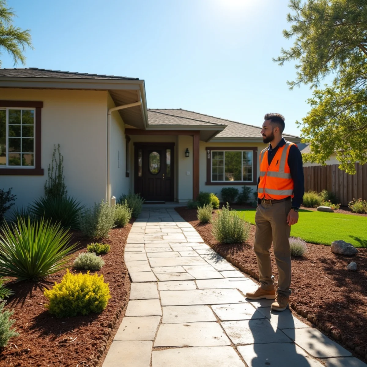Drought-tolerant front-yard landscape design installed at a Los Osos, California home with native planting and a paver path