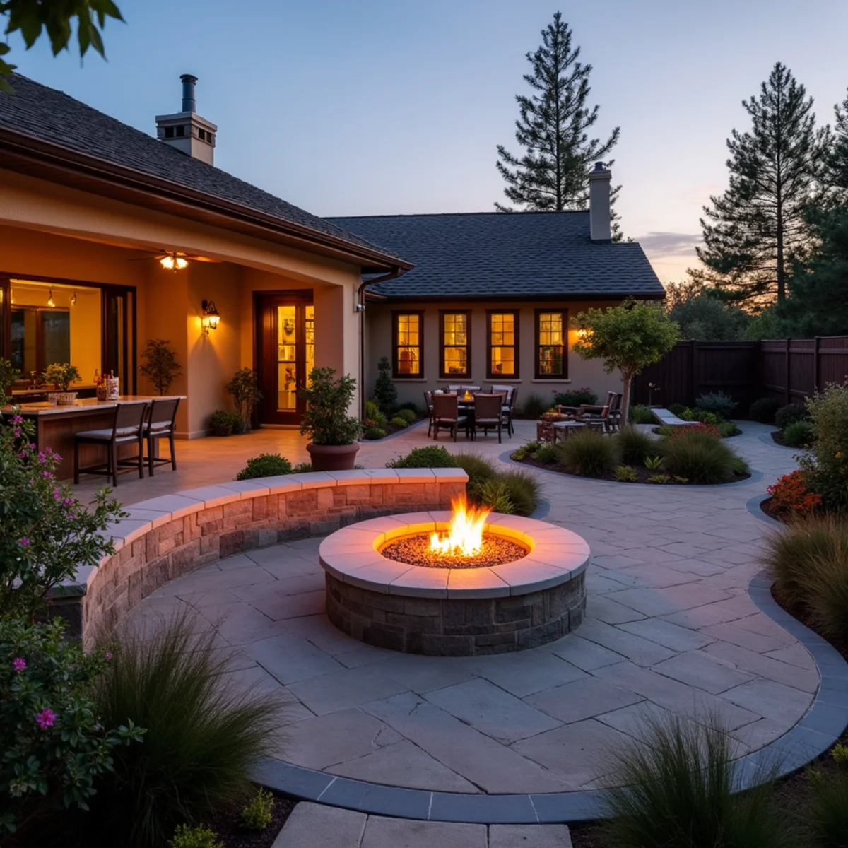Custom gas fire pit and outdoor kitchen with a paver patio built for Central Coast outdoor living in Los Osos, CA
