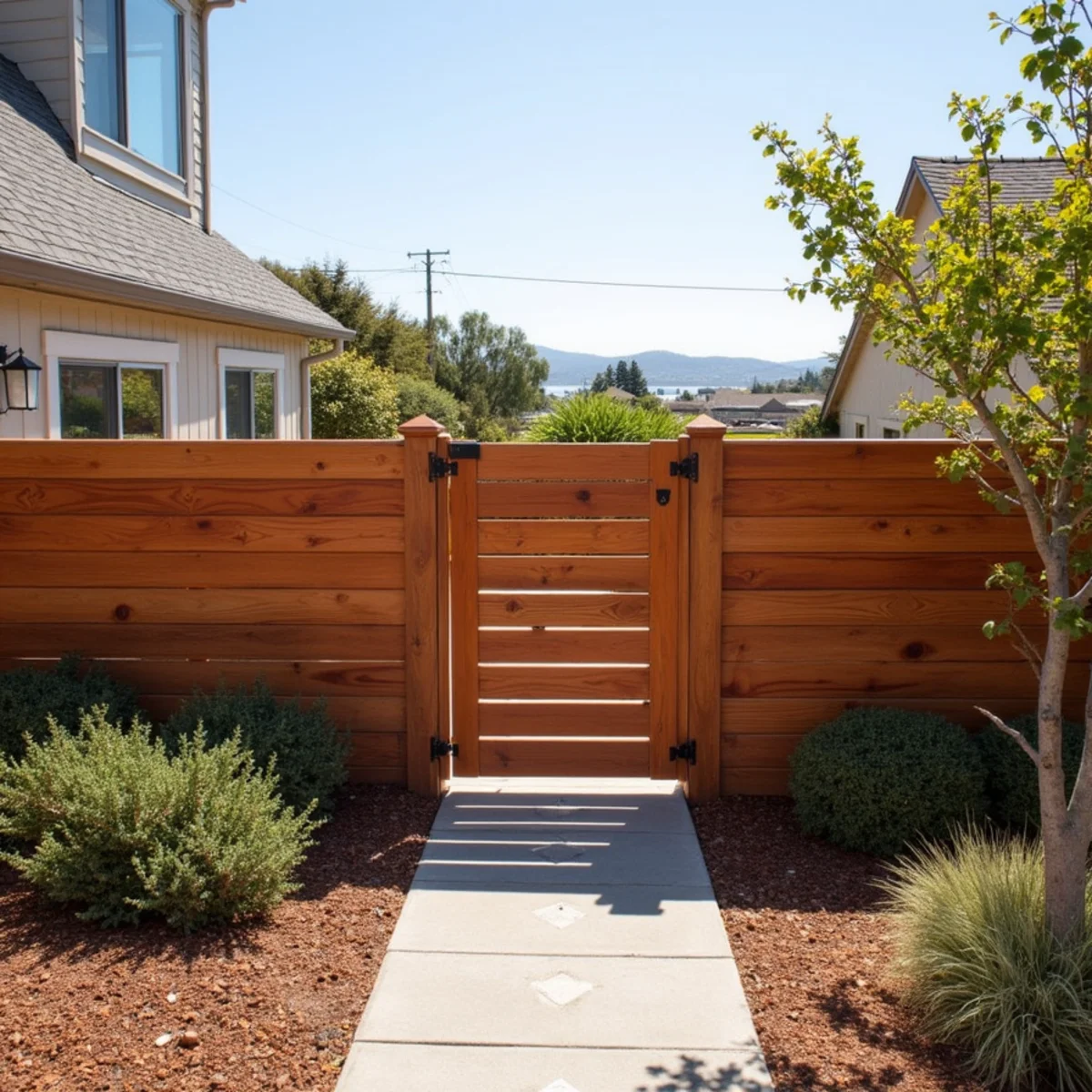 Horizontal redwood privacy fence, Morro Bay