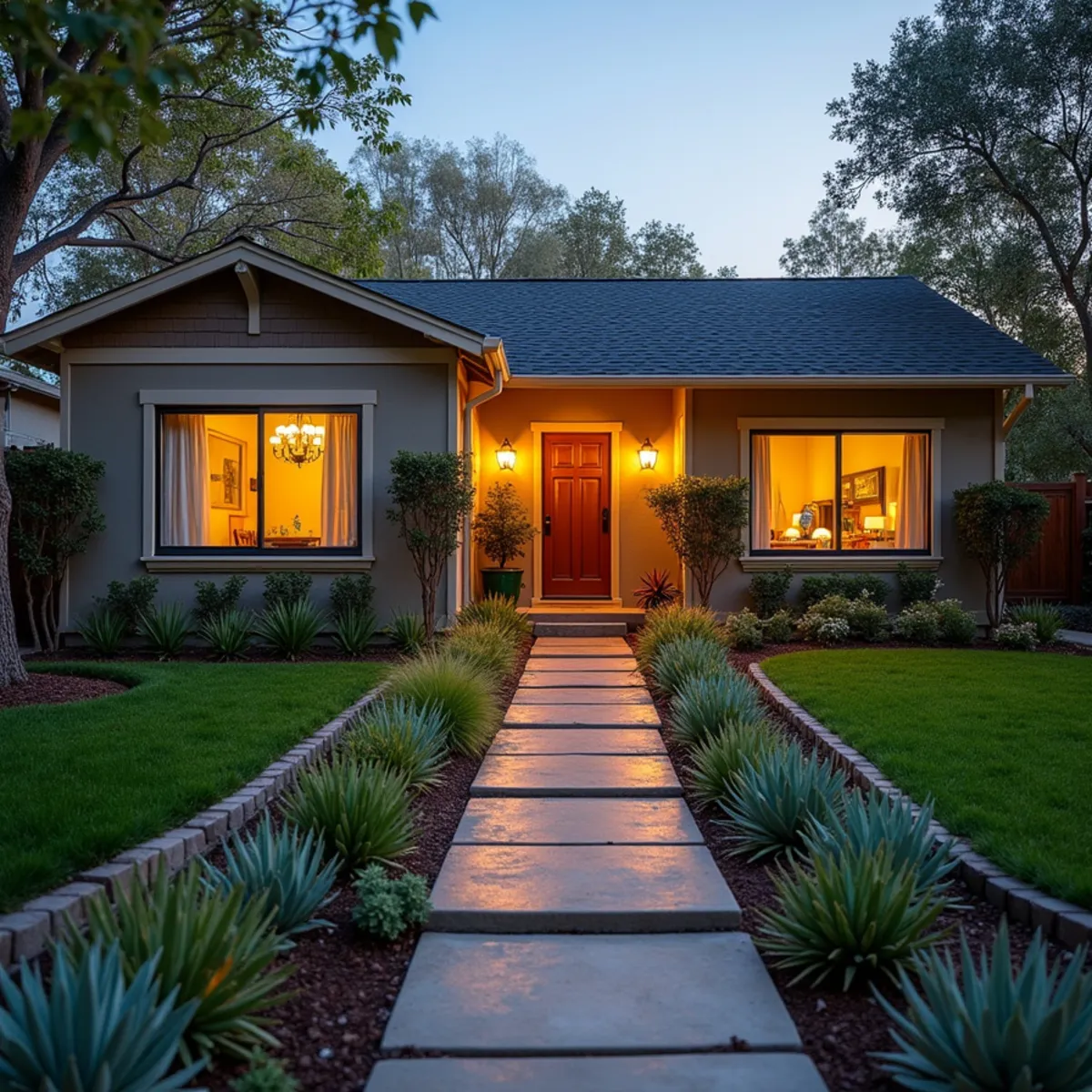 Low-maintenance residential front yard with native planting and a clean walkway in Los Osos, CA