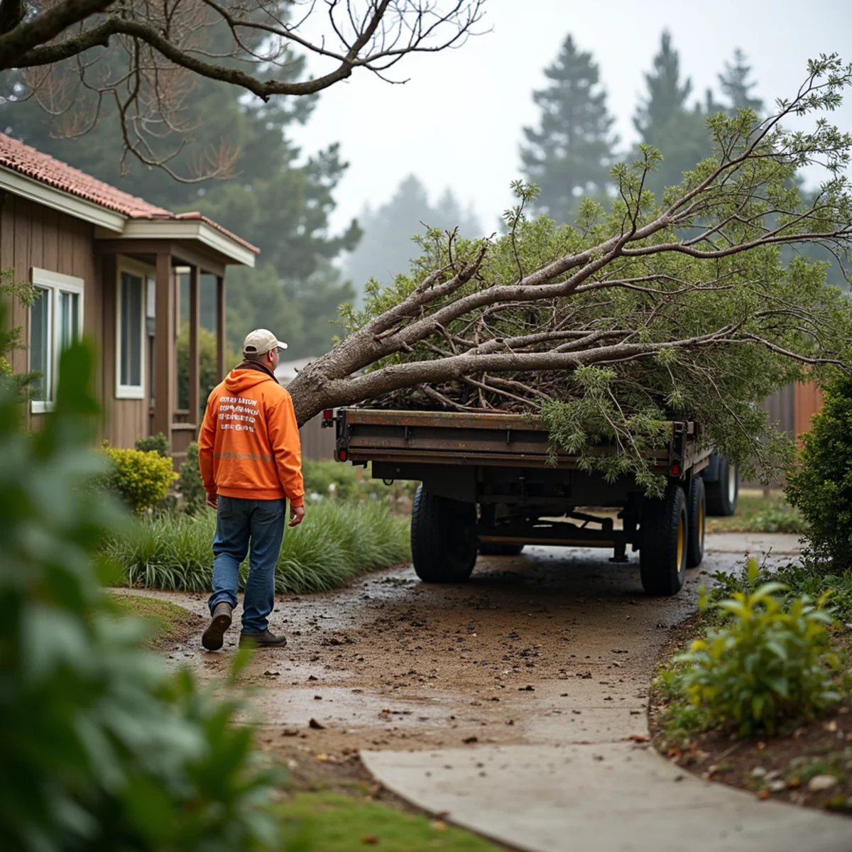 Crew removing fallen branches and storm debris from a Los Osos, CA yard after a Central Coast winter storm