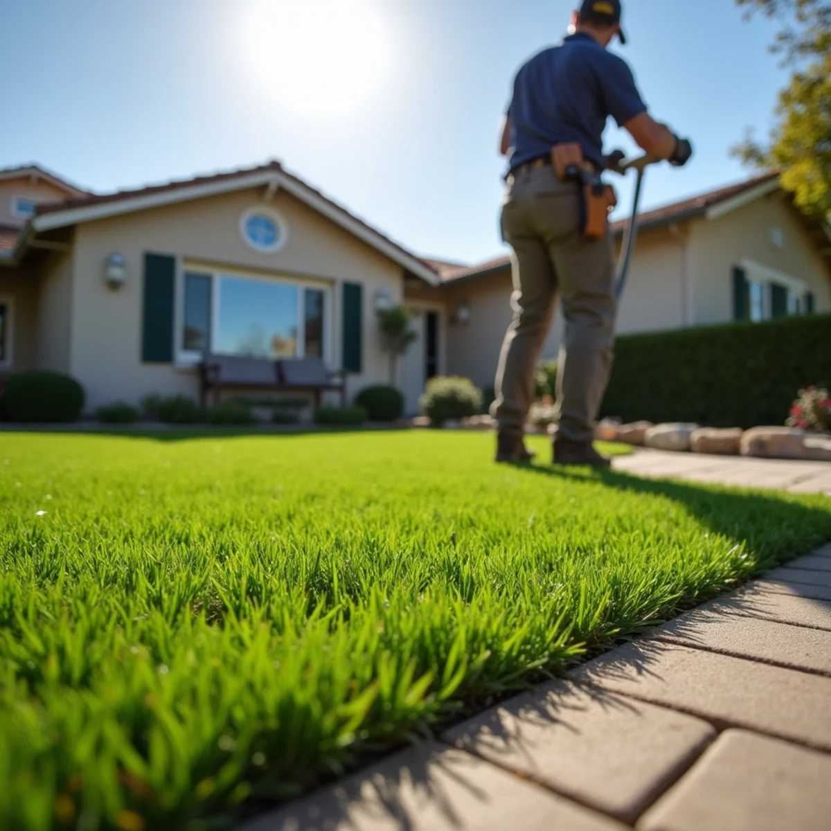 Synthetic turf lawn with a clean paver border installed at a Los Osos, CA vacation rental
