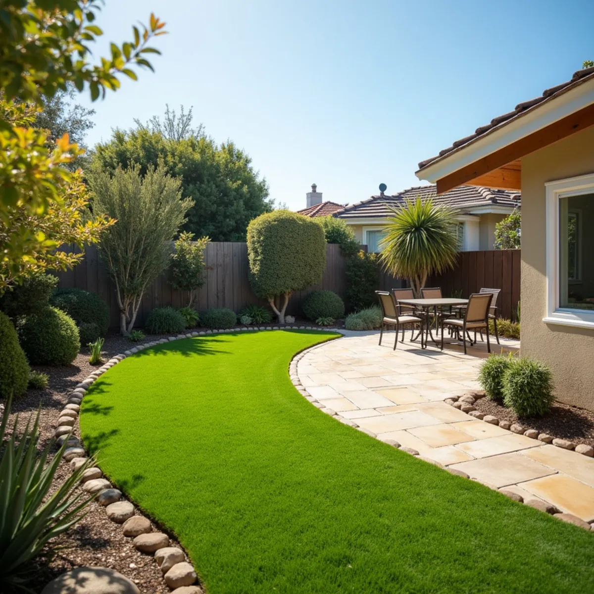 Guest-ready low-maintenance yard with turf and native planting at a Central Coast vacation rental in Cayucos, CA