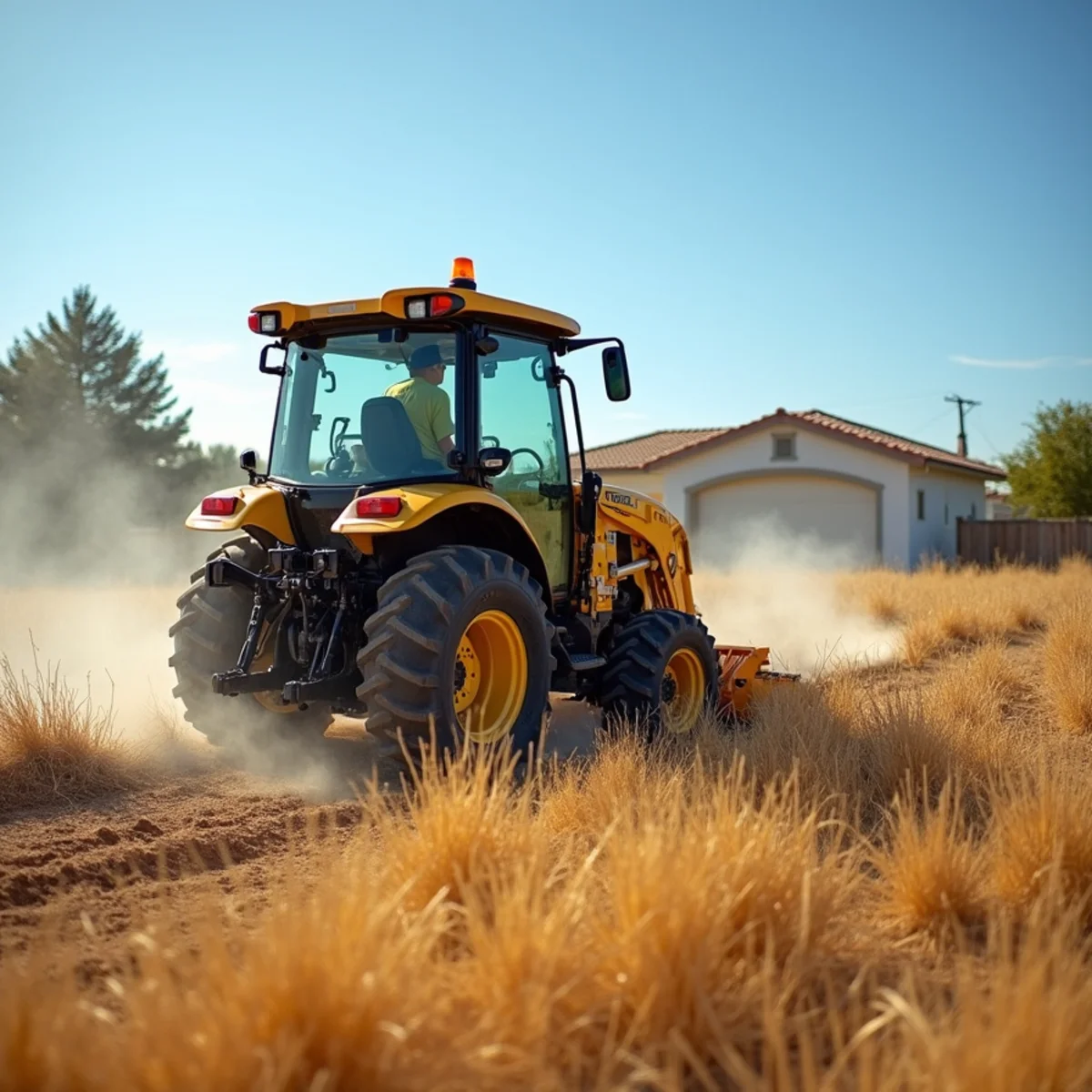 Tractor mowing dry weeds for abatement on a vacant lot in San Luis Obispo County, CA